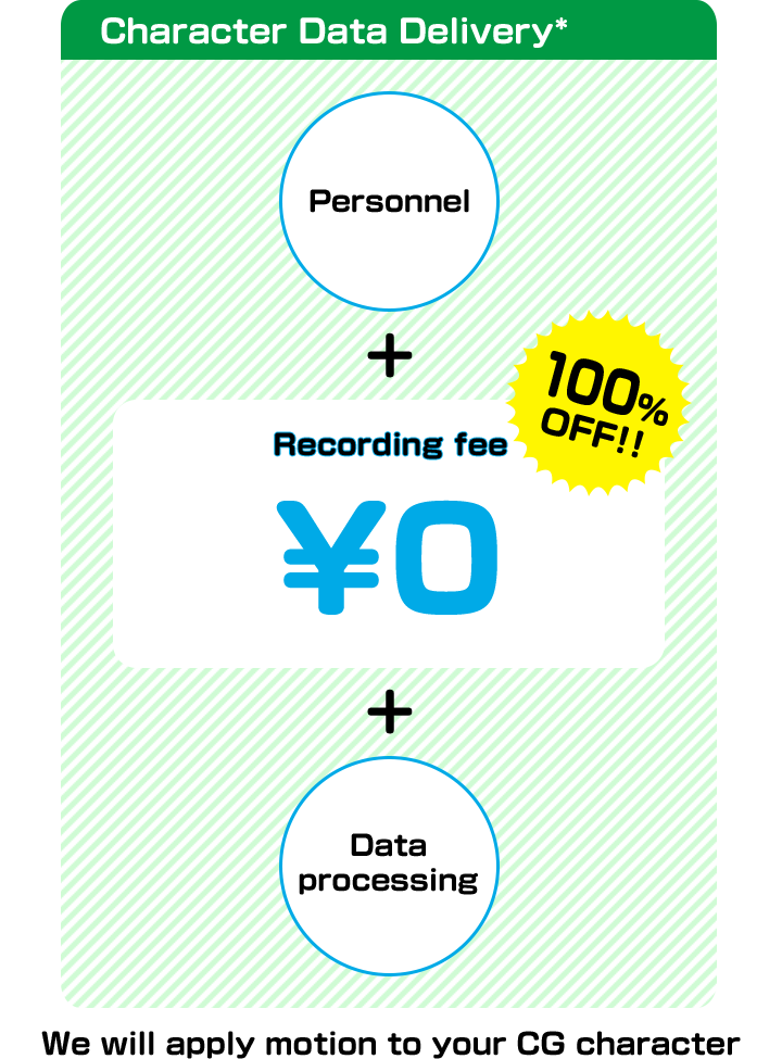 Character Data Delivery*(*We will apply motion to your CG character) Personnel＋Recording fee ￥0(100%OFF!!)＋Data processing